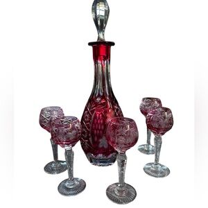Vintage Crystal Nachtmann Traube Decanter And Matching Glasses Ruby Red